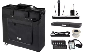 Przenośny zestaw pętli indukcyjnej  powierzchniowej do 150m z mikrofonami oraz mikserem